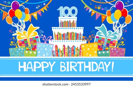 100 years anniversary. Happy birthday card. The birthday cake with candles in the form of number 100. Celebration blue background with number 100, balloon, cake and place for your text. vector