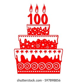 100 Years Anniversary. Happy Birthday Card. The Birthday Cake With Candles In The Form Of Number 100 Icon. Vector Illustration