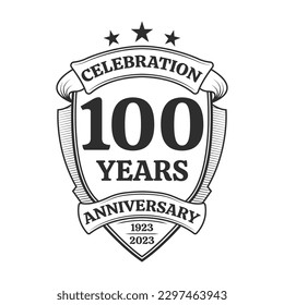 100 years anniversary icon or logo. 100th yubilee celebration, business company birthday badge or label. Vintage banner with shield and ribbon. Wedding, invitation design element. Vector illustration.