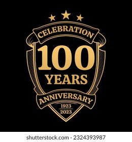 100 years anniversary icon or logo. 100th yubilee celebration, business company birthday badge or label. Vintage banner with shield and ribbon. Wedding, invitation design element. Vector illustration.