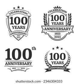 100 years anniversary icon or logo set. Vintage birthday banner design. 100th anniversary jubilee celebration badge or label collection. Vector illustration.