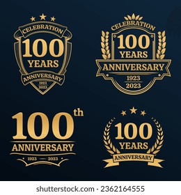 100 years anniversary icon or logo set. Vintage birthday banner design. 100th anniversary jubilee celebration golden badge or label collection. Vector illustration.