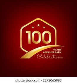 100 years anniversary inside of gold hexagon and curve with red backgrounds