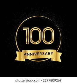 100 years anniversary inside a golden circle and glitter spread on a black background. Golden number anniversary