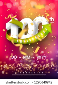100 years anniversary invitation card - celebration template
design , 100th anniversary modern design elements and confetti, bokeh pink purple background - vector illustration colorful invitation card