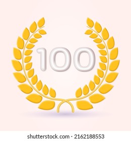 100 years anniversary laurel wreath 3d logo or icon. Jubilee, birthday badge, label design. 100th celebrating emblem. Vector illustration.