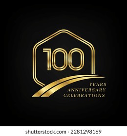 100 years anniversary. Lined gold hexagon and curving anniversary template.