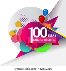 100 Years Anniversary logo with balloon and colorful geometric background, vector design template elements for your birthday celebration.