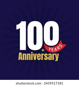 100 years anniversary logo with bold modern text and red ribbon on blue background. 100th years celebration banner, poster, greeting card. One Hundred, a Century happy jubilee vector template.