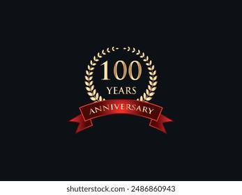 100 Years Anniversary Logo. Celebrating Success. Symbol of Eternal Achievement. Proud Heritage. Logo with Laurel Wreath, Ribbon. Years of Glorious Memories. Jubilee of Joy. Golden Celebratory Crest.