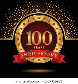 100 years anniversary logo celebration with ring and ribbon on Dark background, vector template