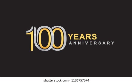 100 years anniversary logo design with multiple line silver and golden color, for celebration event isolated on black background, vector illustration.