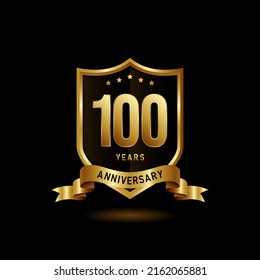 100 years anniversary logo with golden shield and ribbon for booklet, leaflet, magazine, brochure poster, banner, web, invitation or greeting card. Vector illustrations.