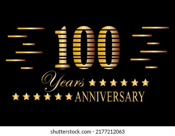 100 Years anniversary logo golden colored isolated on black background. Vector for special date and birthday.