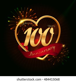 100 years anniversary logo golden colored,with love shape, red ribbon, and fireworks background