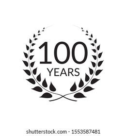 100 years anniversary logo with laurel wreath frame. 100th birthday celebration icon or badge. Vector illustration.