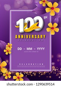100 years anniversary logo template on golden flower and purple background. 100th celebrating white numbers with gold ribbon vector and bokeh design elements, anniversary invitation template design