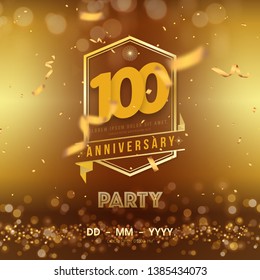 100 years anniversary logo template on gold background. 100th celebrating golden numbers with gold ribbon vector and confetti isolated design elements