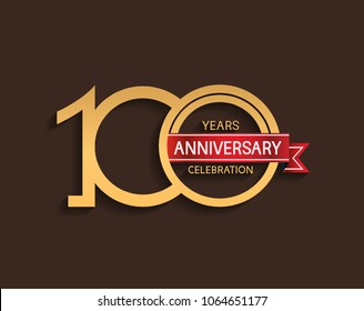100 years anniversary logotype with golden color red ribbon isolated on brown background for celebration event