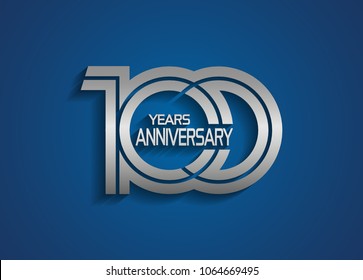 100 years anniversary logotype with linked multiple line silver color isolated on blue background 