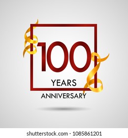 100 years anniversary with red number design inside red square and golden ribbon element, isolated on white background can be used as celebration card