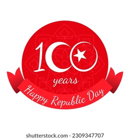 100 years anniversary Republic Day of Turkey. Design with number 100 included white crescent and star on red background, ribbon and traditional pattern. 29 October. 1923 - 2023, National victory day