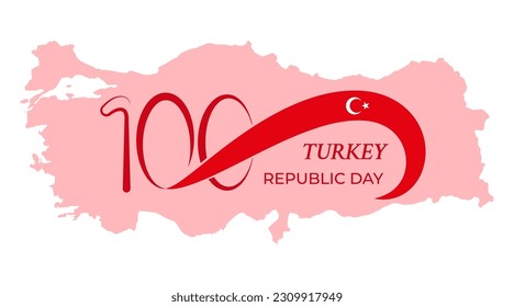 100 years anniversary Republic Day of Turkey. Festivity card with number 100, the Turkish flag and map silhouette. 29th October. 1923 - 2023, National victory day. Vector flat style illustration