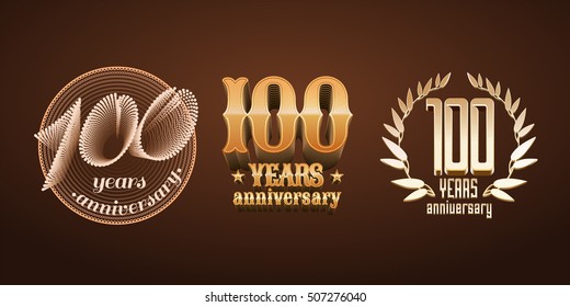 100 years anniversary set of vector logo, icon, number. 100th birthday, graduation anniversary, jubilee decoration design elements, signs, emblem, symbol, badge in gold