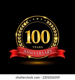 100 Years Anniversary template design, with shiny ring and red ribbon, laurel wreath isolated on black background, logo vector