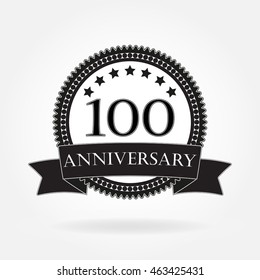 100 years anniversary template with ribbon. 100th celebration emblem or icon. Vector illustration.