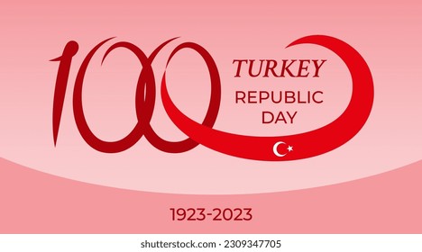 100 years anniversary of Turkish Republic. Festivity card with number 100 and the Turkish flag. 29th October. 1923-2023, National victory day. Vector flat style illustration on white background