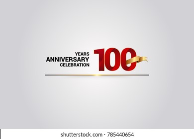 100 Years anniversary using red elegant number isolated on white background, with golden ribbon ca be use as celebration event logo