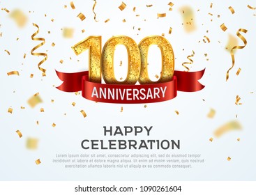 100 years anniversary vector banner template. Hundred year jubilee with red ribbon and confetti on white background
