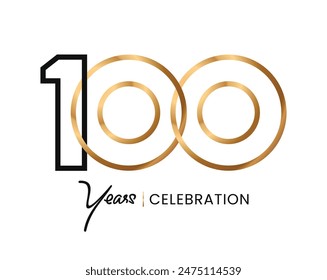 100 Jahre Celebration minimalistische Linie Gold Logo abstraktes Design. Luxus zum Jubiläum. Vektorgrafik Nummer für Symbol, Etikett, Insigna, Siegel, Tag, Zeichen, Siegel, Symbol, Abzeichen, Stempel, Aufkleber, Emblem, etc.