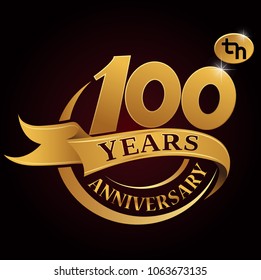 100 Years Golden Anniversary Logo Celebration With Golden Ring And Ribbon.