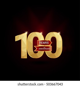 100 Years Golden Anniversary Logo Celebration with Red Ribbon, the Number using Low Poly Design