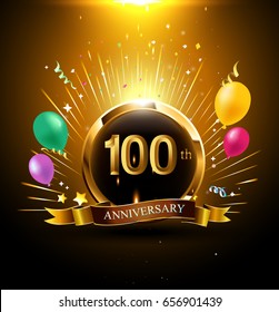 100 years golden anniversary logo celebration with ring, ribbon, firework, and balloon