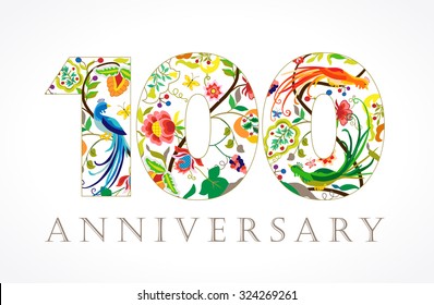 100 years old luxurious celebrating folk logo. Template colored 100 th happy anniversary greetings, ethnics flowers, plants, paradise birds. Traditional decorative one hundred congratulations, colors.