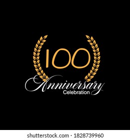100 years old luxurious logo. Anniversary vector gold colored template framed of palms. Greetings ages celebrates. Celebrating laurel branches