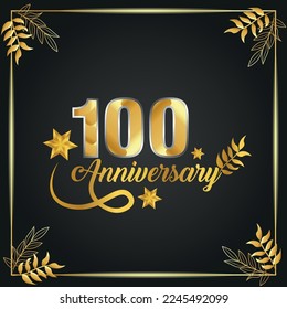 100 years old luxurious logo. anniversary year of vector gold colored template framed of palms.
