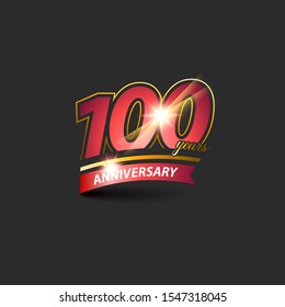100 Years Red Gold Anniversary Logo with Anniversary Ribbon. Vector eps.10