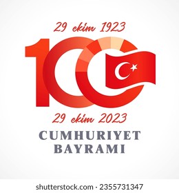 100 years of Republic Day of Turkey October 29. Creative number 100. Turkish state flag. 100th anniversary 1923-2023 banner. Red design. Social media post. Isolated elements. Graphic illustration.