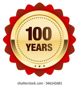 100 years seal or icon. Glossy golden seal or button with stars and red color.