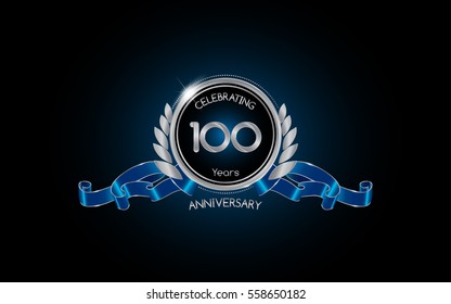100 years silver anniversary celebration logo with red ribbon , isolated on dark background