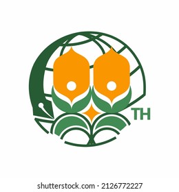 100 years vector design with the concept of a pen and a globe with the meaning that it can continue to grow and go global