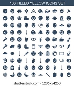 100 yellow icons. Trendy yellow icons white background. Included filled icons such as laughing emot, pineapple, glued note, hummer, hat, crying emoji. yellow icon for web and mobile.