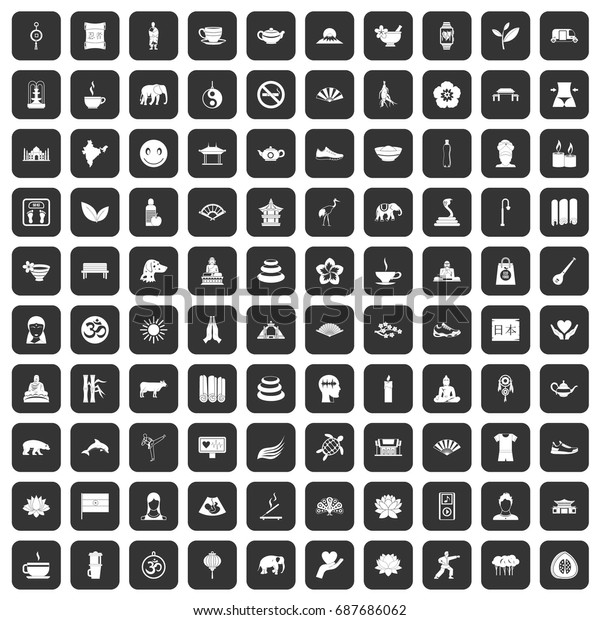 100 yoga icons set in black color isolated\
vector illustration