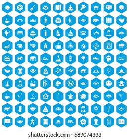 100 yoga icons set in blue hexagon isolated vector illustration