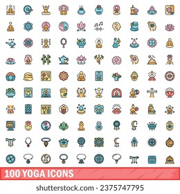 100 íconos de yoga. Conjunto de líneas de color de iconos vectoriales de yoga color de línea delgada plano sobre blanco