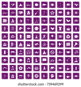 100 yoga icons set in grunge style purple color isolated on white background vector illustration